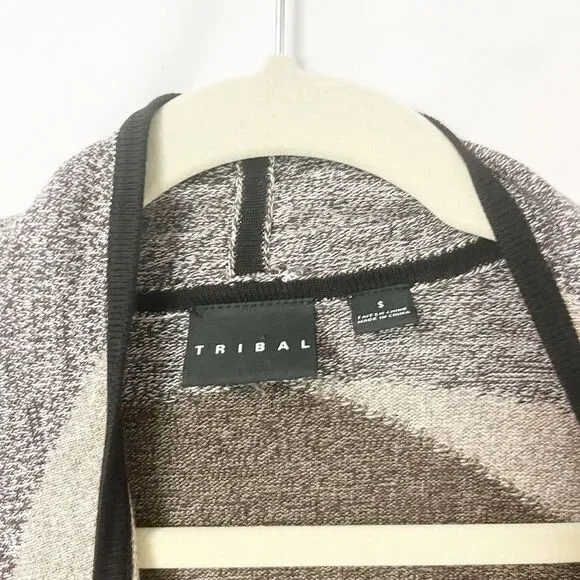 Tribal Asymmetric Open Front Geometric Cardigan Black Brown Orange Size S - Picture 4 of 6